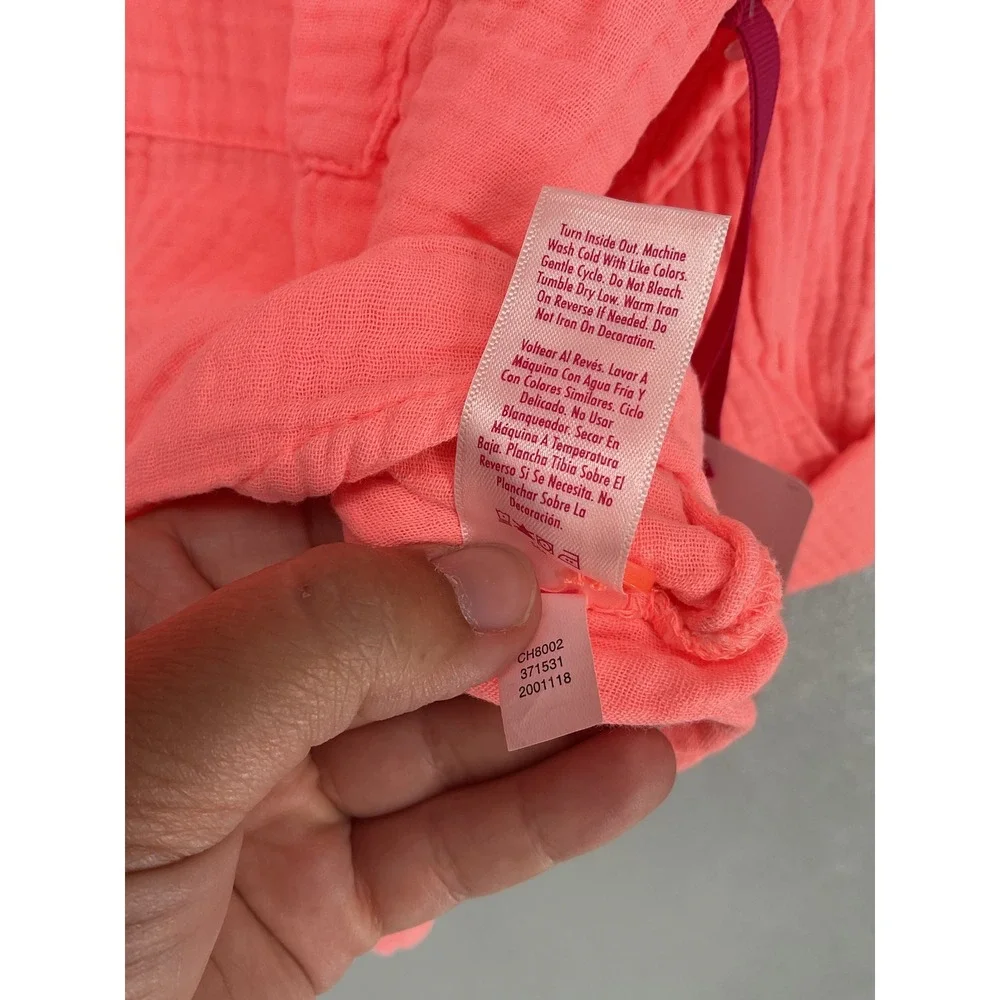 Justice Girls Beach Shirt Coral Cotton Gauze Roll Tab Button Up Size L 12/14